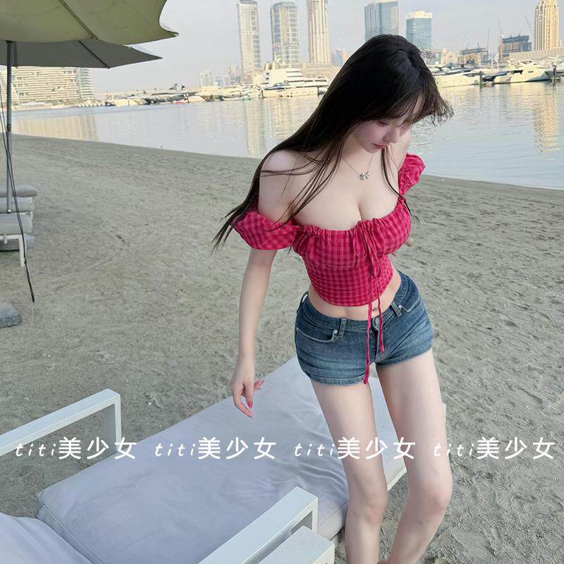 【TiTi美少女】纯欲风甜美显白格子衬衫女短袖修身泡泡袖绑带上衣