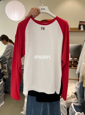 ARE韩国东大门正品代购26春款 圆领休闲插肩数字76长袖T恤女
