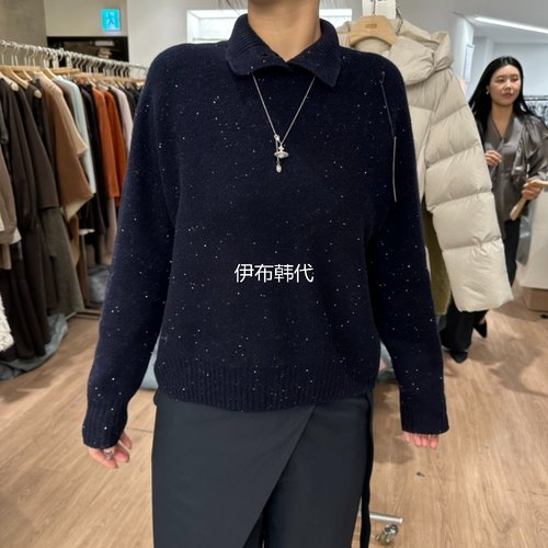 高领翻领纽扣亮线休闲针织衫毛衣