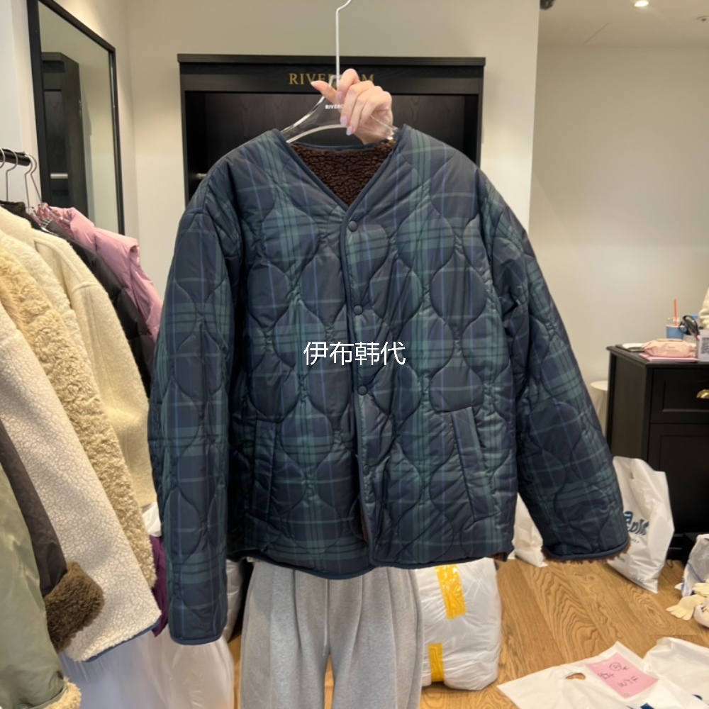 RIVEROOM韩国东大门代购 格子波浪纹仿羊羔毛绒棉衣棉服双面外套