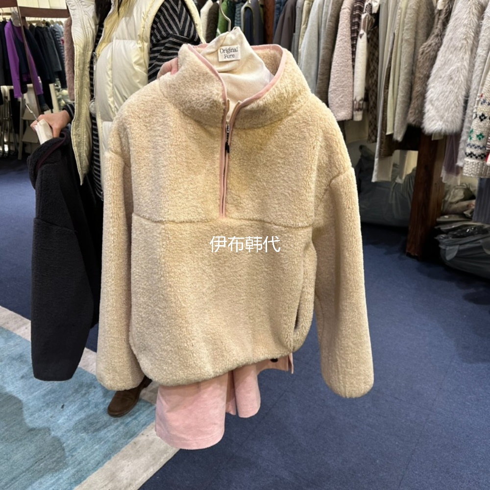 FURE韩国东大门正品代购25冬款 立领拉链休闲仿羊羔毛绒卫衣外套