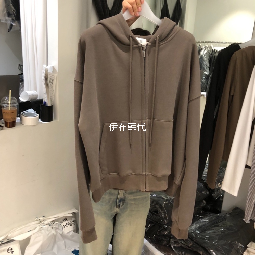 AUBE韩国东大门正品代购25冬款 连帽后背字母加绒拉链卫衣外套