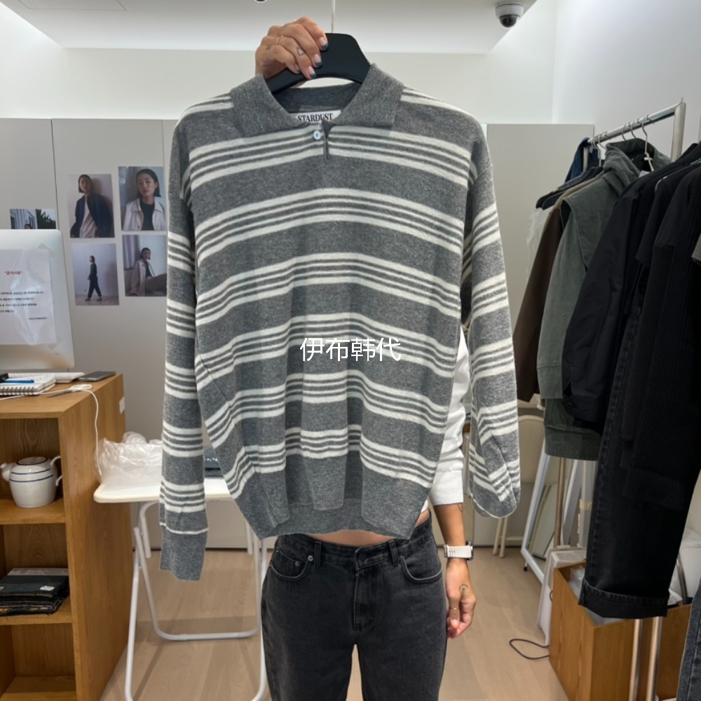 秋款翻领休闲纽扣条纹针织衫