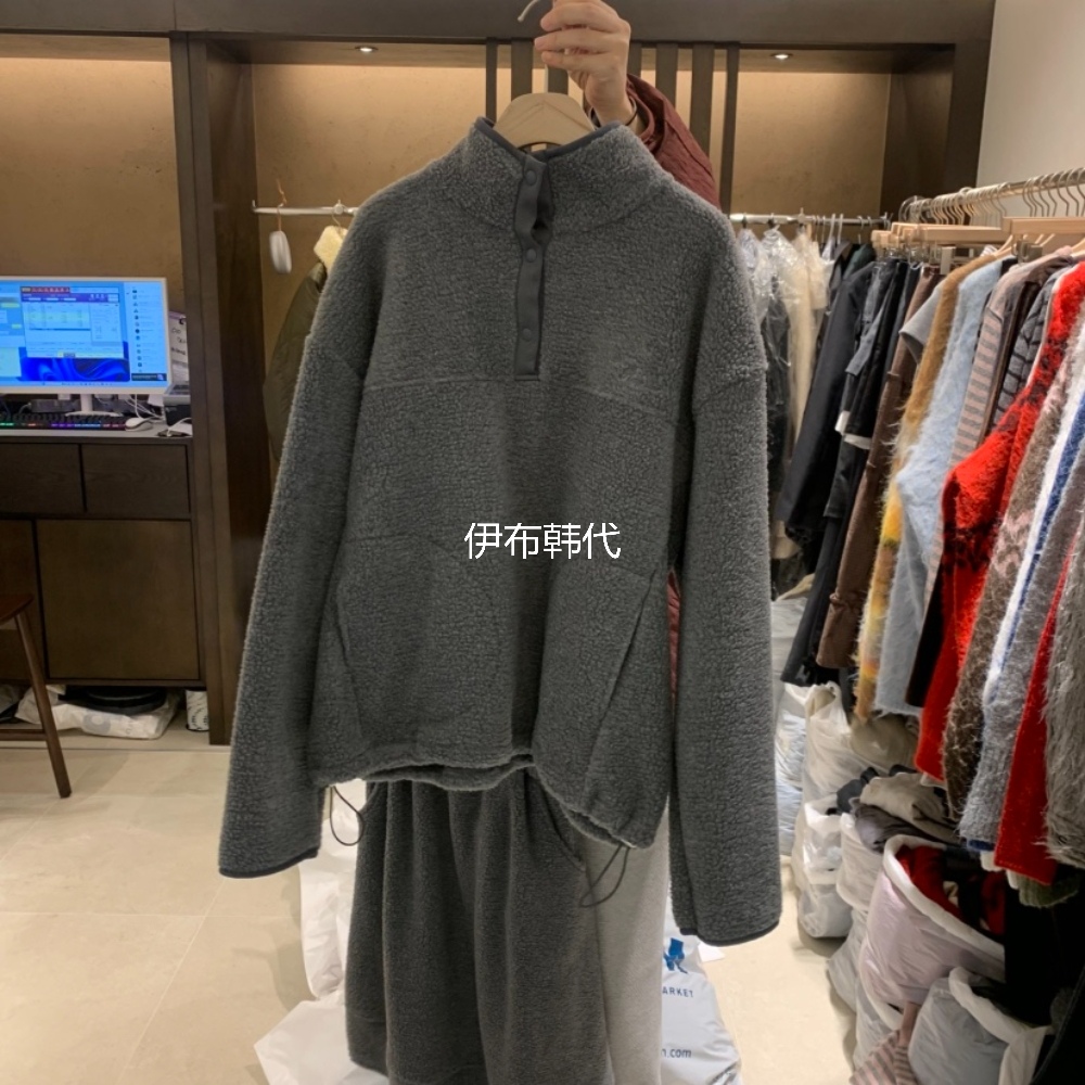 立领纽扣摇粒绒宽松抽绳卫衣外套