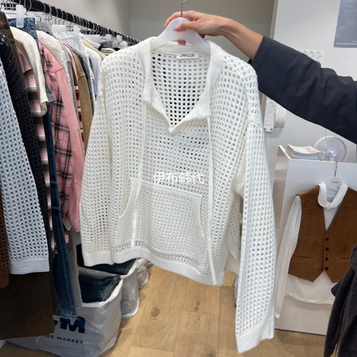 口袋镂空网眼绑带宽松针织衫