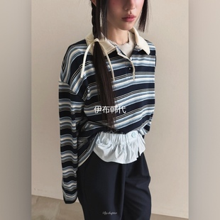 BY CHAPTER韩国东大门正品代购26春 飞边翻领休闲纽扣条纹长袖T恤