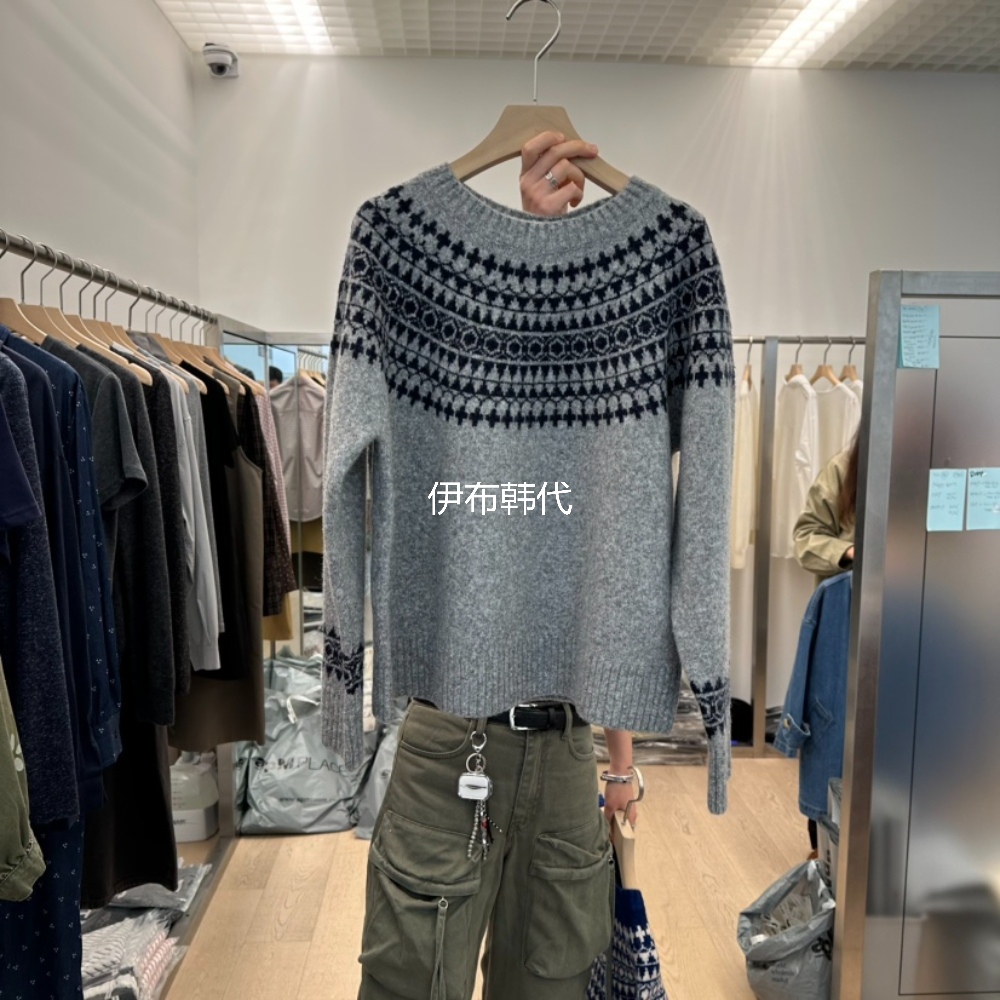 圆领休闲条纹复古羊毛针织衫毛衣