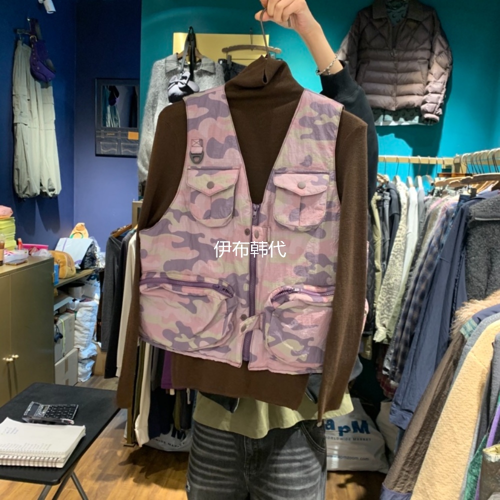V领做旧多口袋工装迷彩马夹坎肩