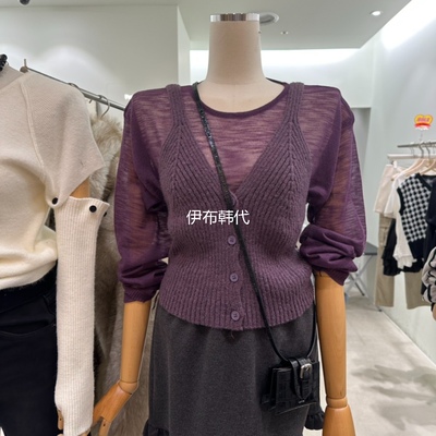 薄微透针织衫纽扣背心两件套上衣