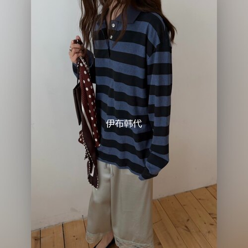 翻领休闲宽条纹纽扣宽松T恤女