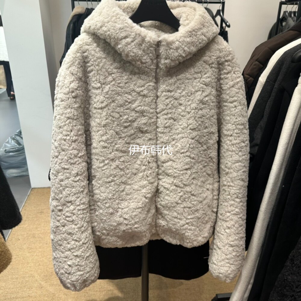 连帽仿羊羔毛绒环保皮草拉链外套