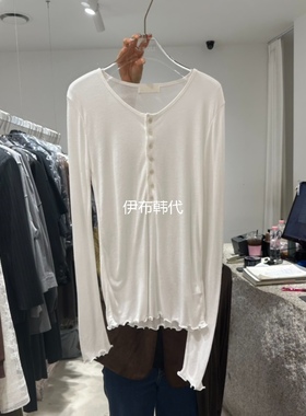 NEROLI 36韩国东大门正品代购25秋款 圆领木耳边纽扣薄款长袖T恤