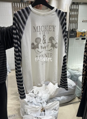 VANTA韩国东大门正品代购26春 圆领条纹袖子卡通老鼠长袖插肩T恤