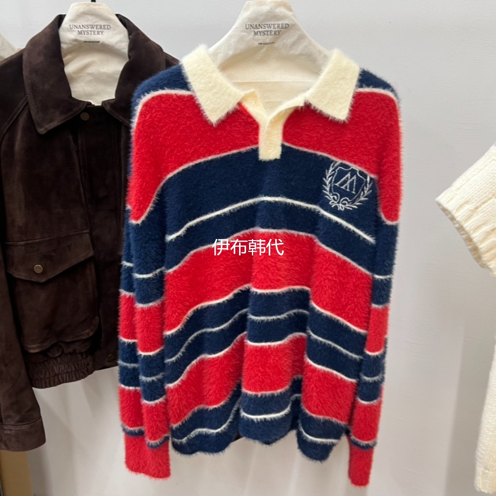 新款翻领宽条纹毛绒宽松针织衫