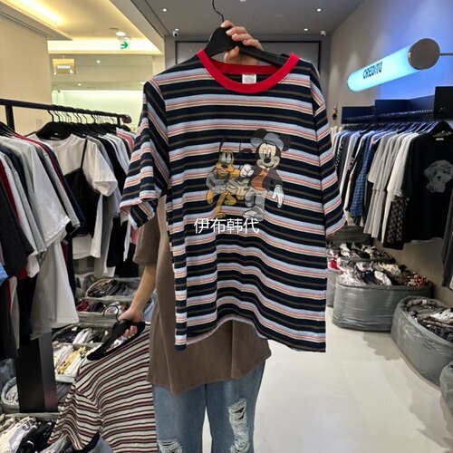 圆领休闲休闲条纹卡通老鼠T恤