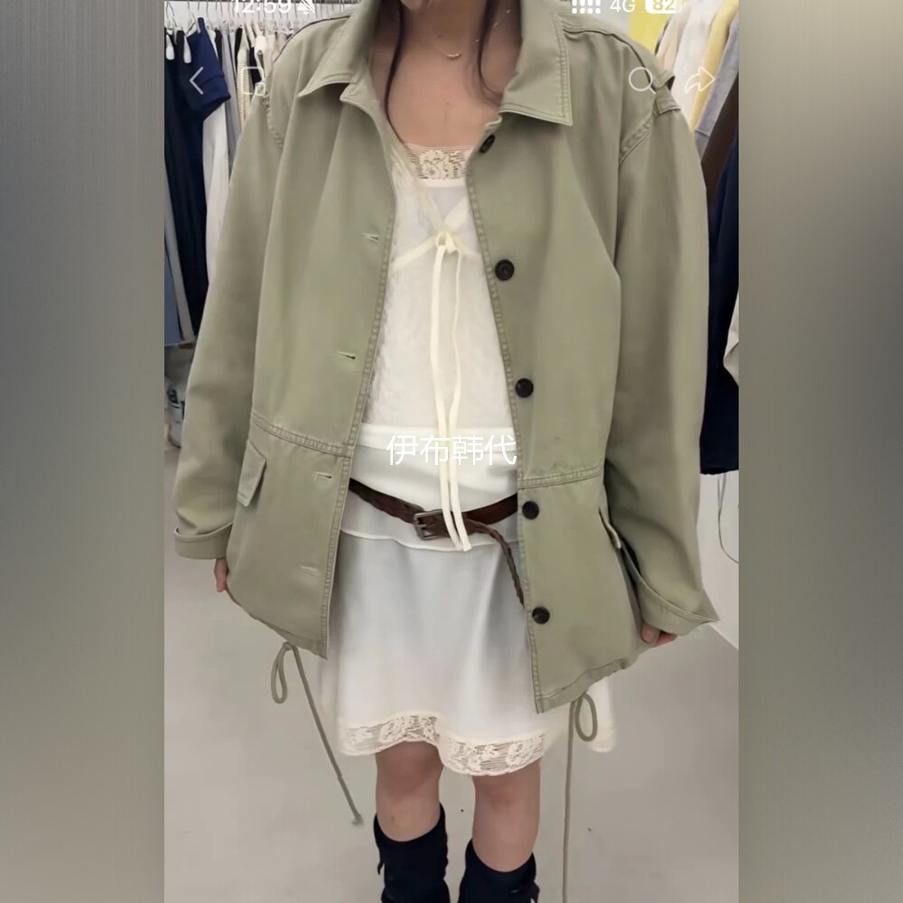 BREATHE韩国东大门正品代购26春款 翻领休闲纯色抽绳风衣外套