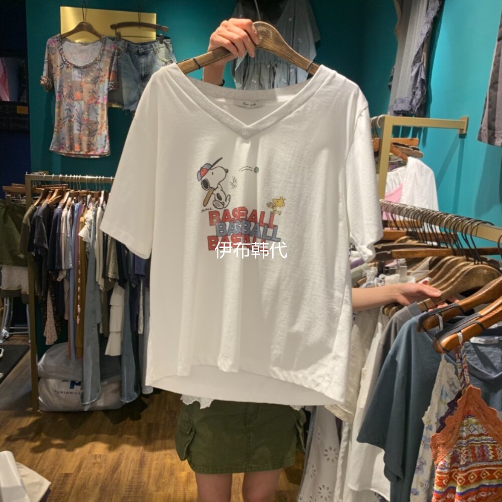 MERCI LINDA韩国东大门正品代购26夏款 V领卡通小狗棉质短袖T恤女