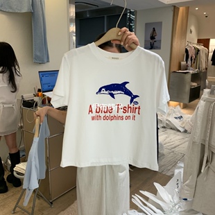 W AND J韩国东大门正品代购26春款 圆领休闲海豚字母短袖T恤女