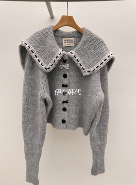 THORE韩国东大门正品代购冬 翻领蝴蝶结飞边蕾丝花边领毛衣针织衫