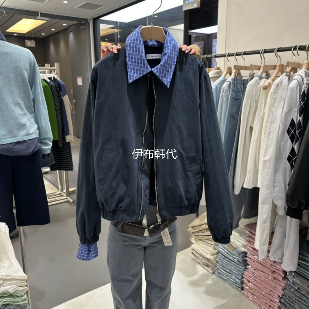 AURA韩国东大门正品代购26春款 翻领格子拼接假两件短外套夹克