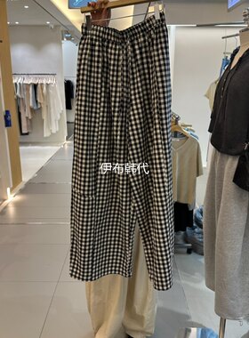 松紧抽绳黑白格子休闲直筒裤长裤