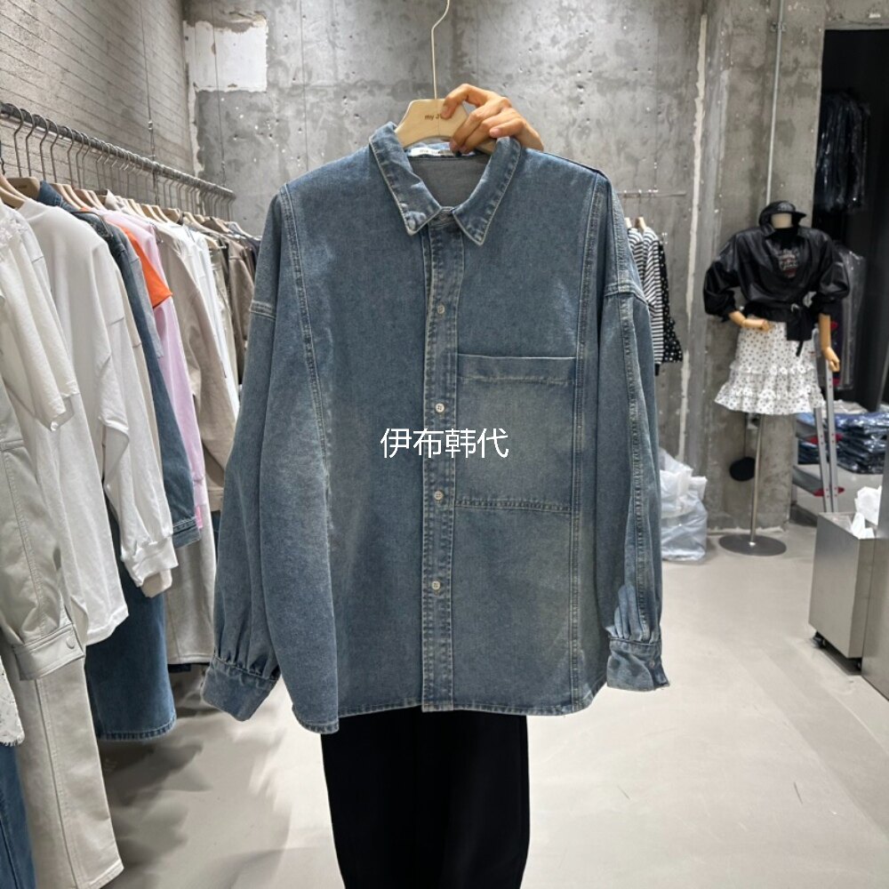 JUNI韩国东大门正品代购26春款 翻领休闲口袋时尚牛仔衬衫外套