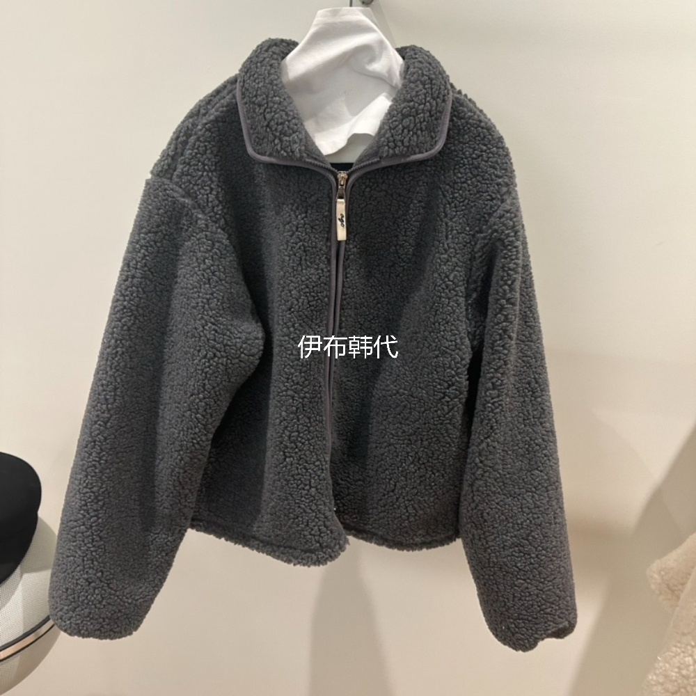 AGO韩国东大门正品代购25冬款 翻领仿羊羔毛绒拉链宽松保暖外套