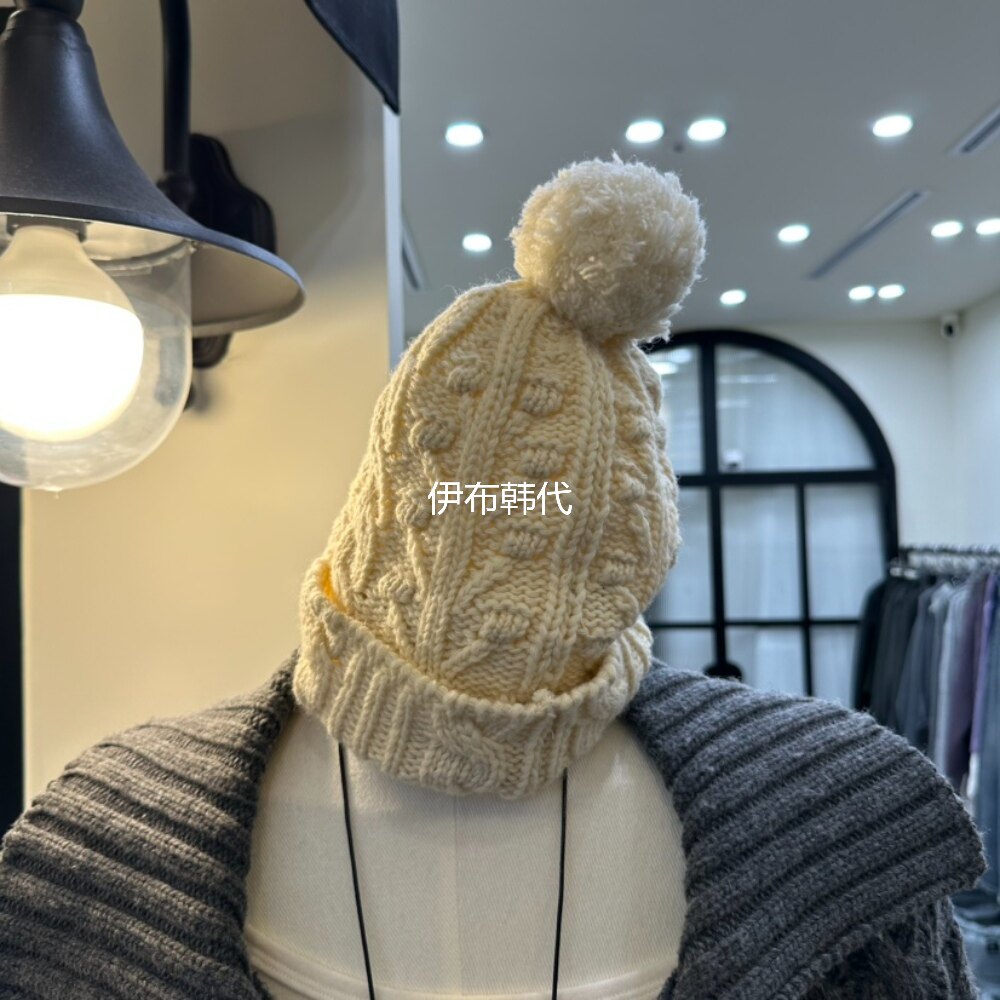 ARR韩国东大门正品代购26冬款 粗线乳白色花朵球球针织帽毛线帽子
