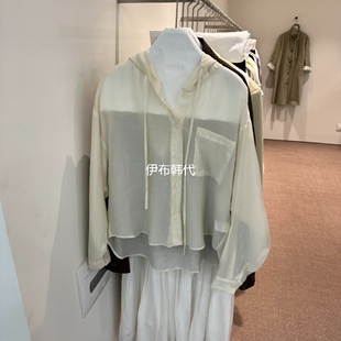 OVERTAKE韩国东大门正品代购26春款 连帽抽绳竖条纹微透薄款衬衫