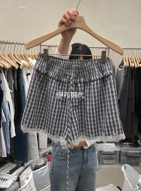 MURR韩国东大门正品代购26夏款 松紧腰休闲格子飞边花边短裤女