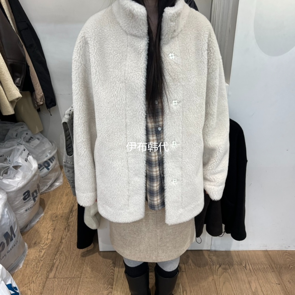 立领纯色仿羊羔毛绒保暖外套女