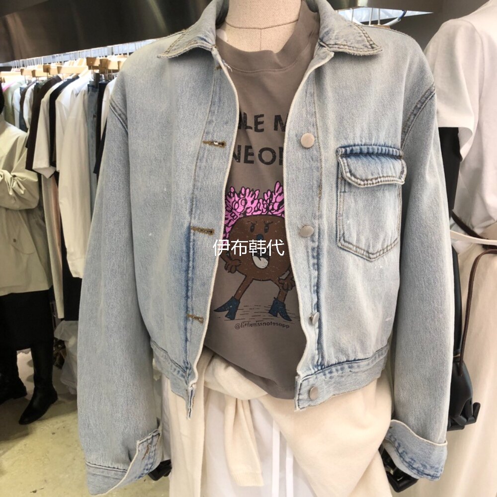 BANY ANCO韩国东大门代购26春 翻领浅色水洗磨白短款牛仔外套夹克