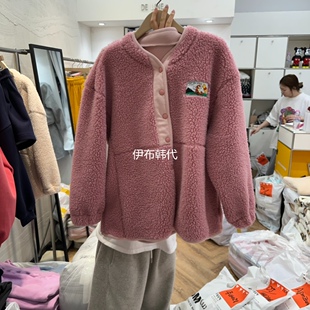 DE LINE韩国东大门正品代购26春款 圆领仿羊羔毛绒纽扣保暖外套