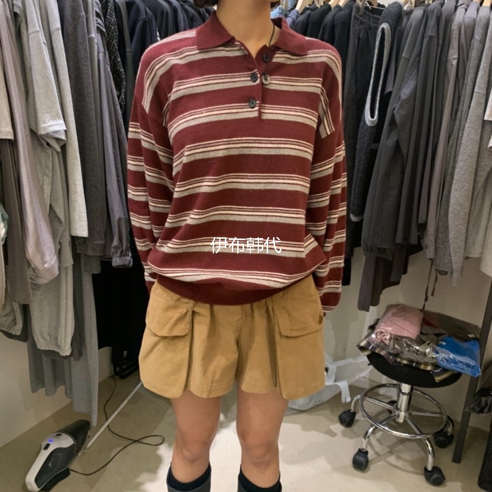 秋款翻领休闲条纹宽松针织衫