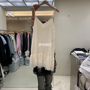 FLAUNT韩国东大门正品代购26春款 蕾丝飞边花边纯色吊带裙连衣裙