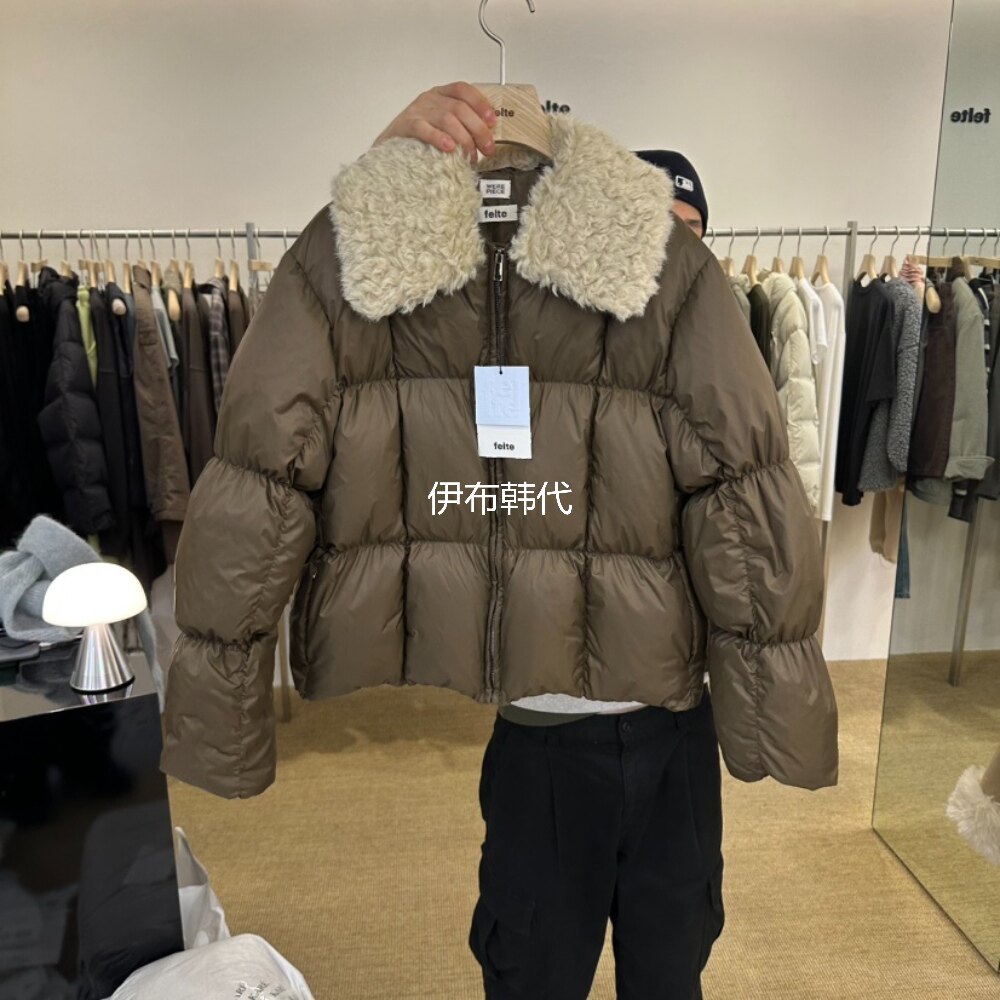 FELTE韩国东大门正品代购26冬款 翻领毛领休闲拉链格纹羽绒服外套