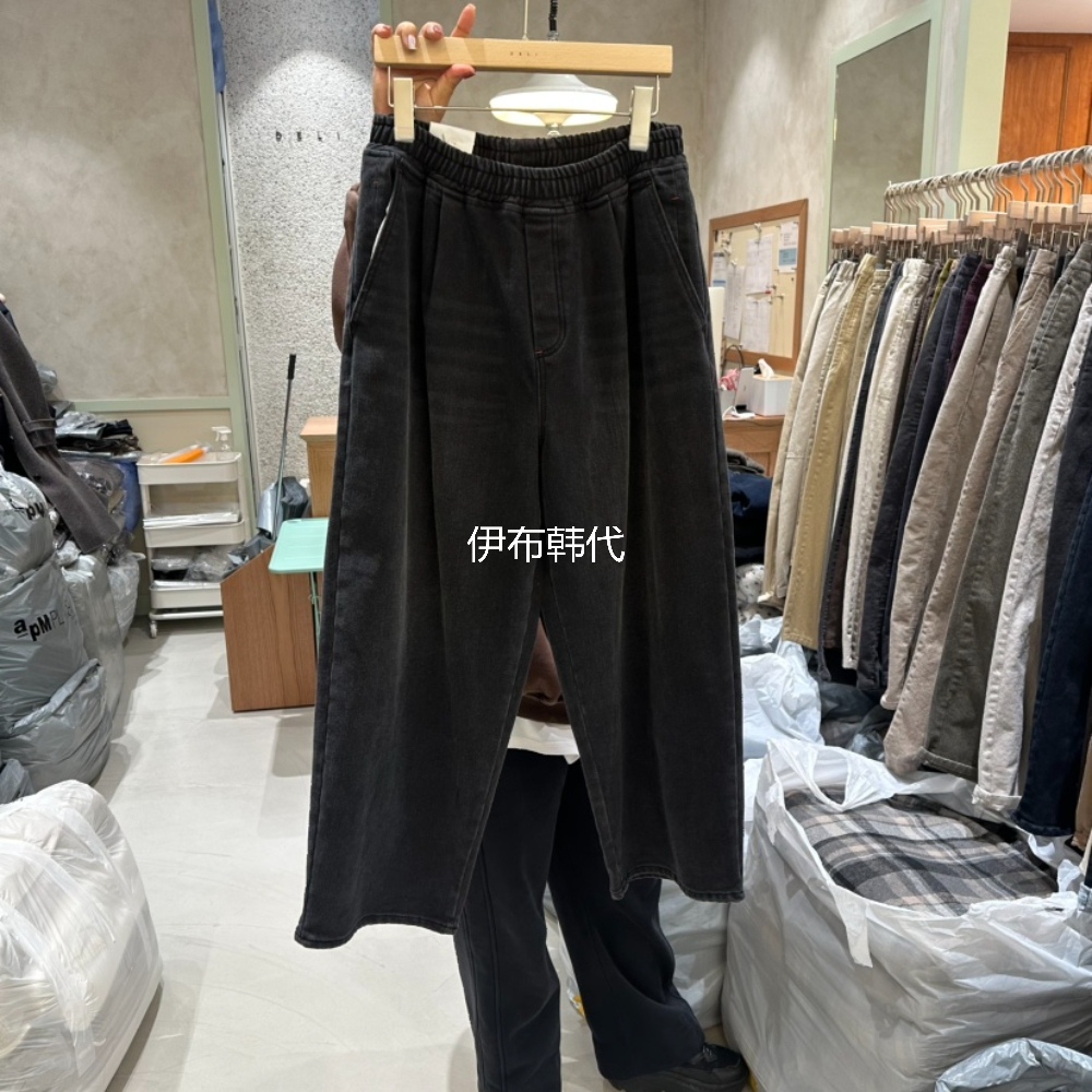 松紧腰磨白水洗加绒直筒牛仔裤