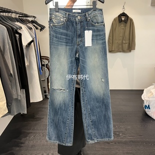 OBJECT韩国东大门正品代购26春款 磨白做旧破洞直筒裤牛仔裤