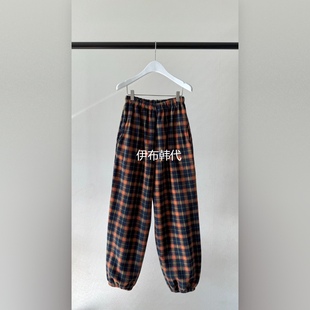 韩国东大门正品 长裤 代购 松紧腰休闲格子束脚磨毛卫裤 25冬款 EST