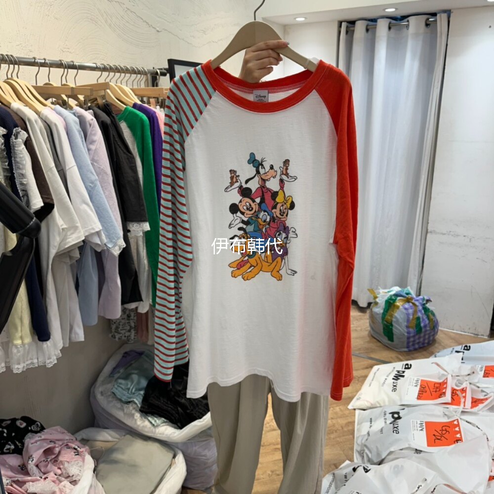 DE LINE韩国东大门正品代购26夏款 圆领插肩条纹卡通老鼠长袖T恤