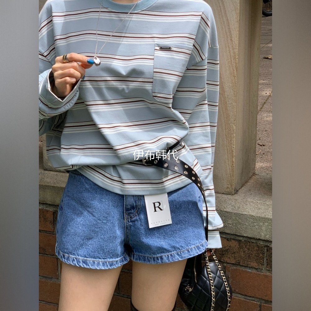REVE CITE韩国东大门正品代购26春款 圆领条纹棉质口袋宽松T恤女,女装/女士精品,T恤,淘宝优惠券,粉丝福利购,淘宝优惠卷