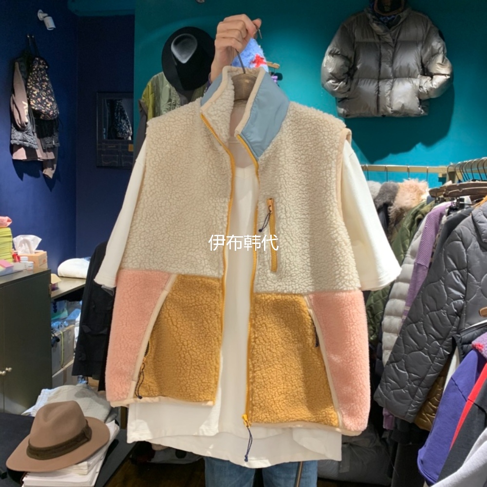 立领拼色仿羊羔毛绒拉链马夹坎肩