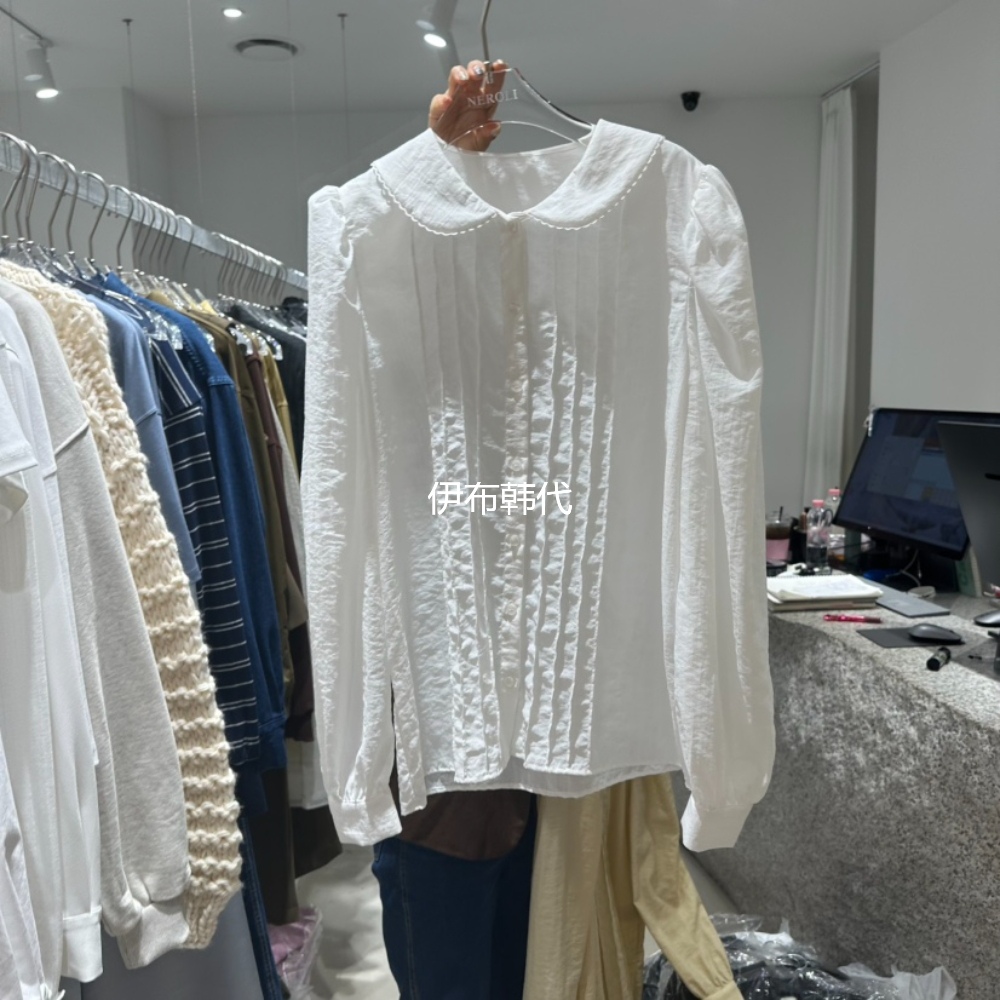 翻领休闲纯色褶皱气质长袖衬衫