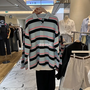 翻领休闲彩色条纹纽扣宽松长袖 26春款 T恤 B韩国东大门代购 Color