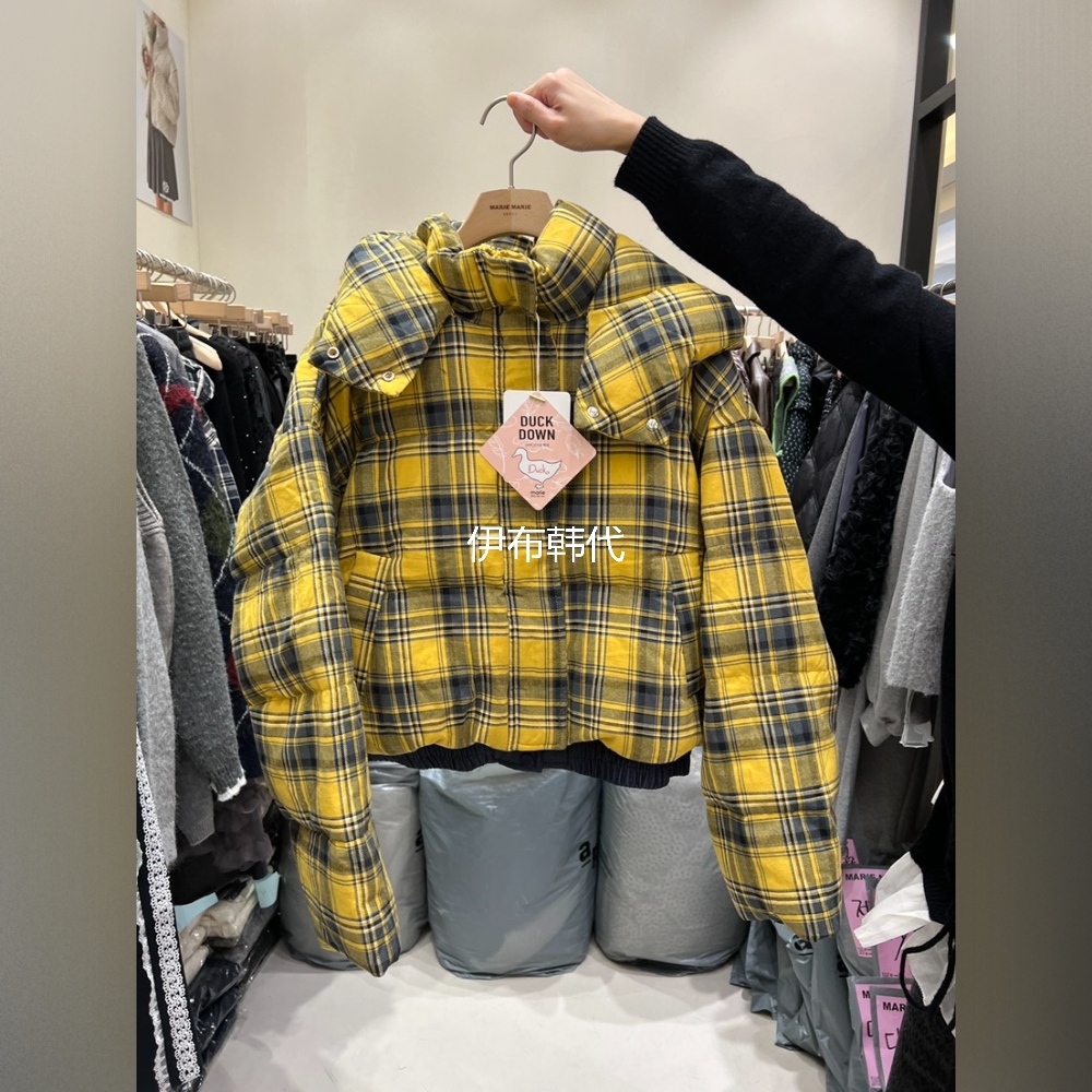 MARIE MARIE韩国东大门代购25冬款 连帽格子拉链鸭绒羽绒服短外套
