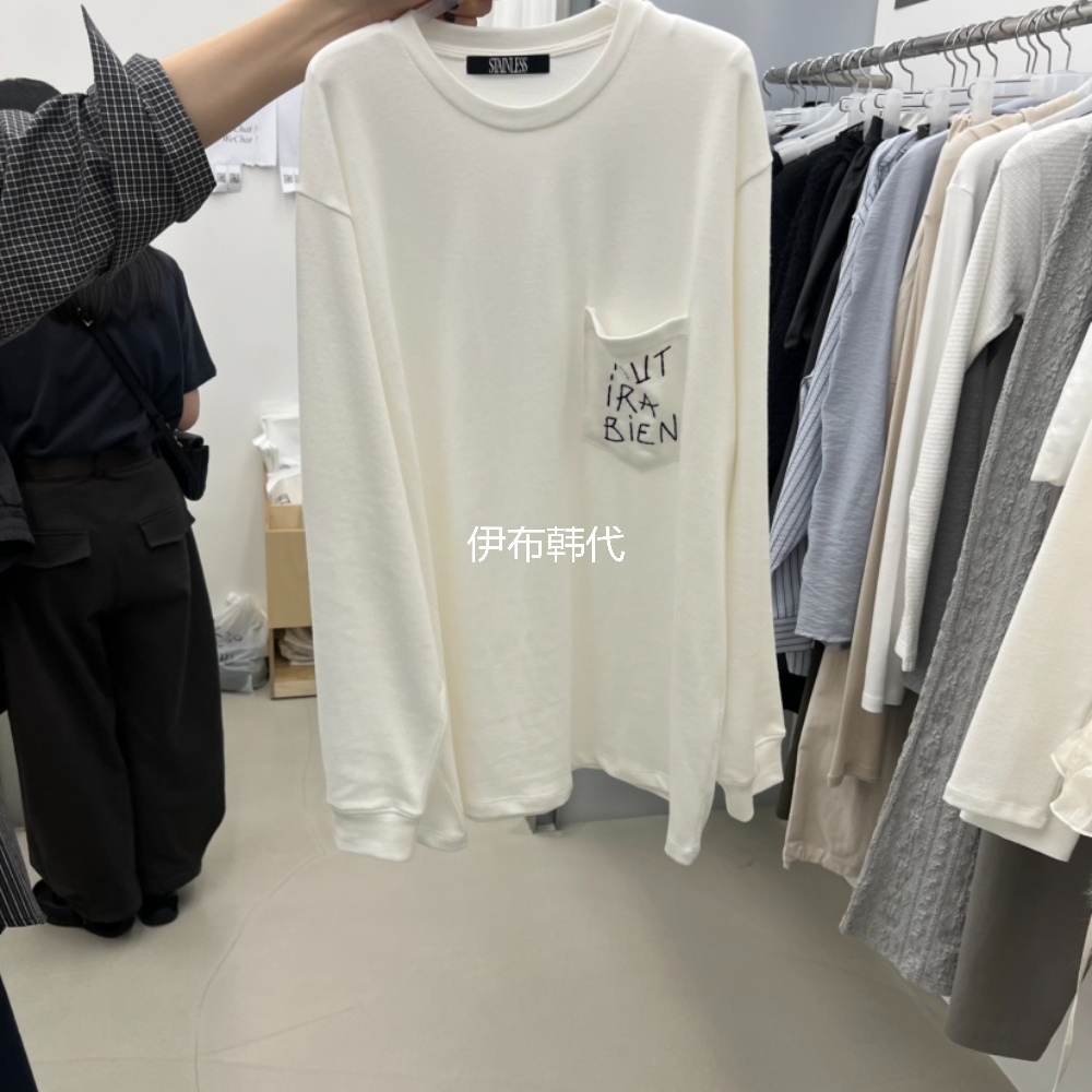 STAINLESS韩国东大门正品代购25秋 圆领休闲口袋字母宽松长袖T恤