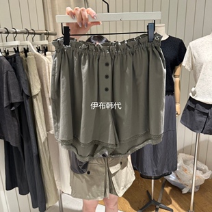 GRADE韩国东大门正品代购26夏款 松紧腰休闲纽扣蕾丝飞边花边短裤