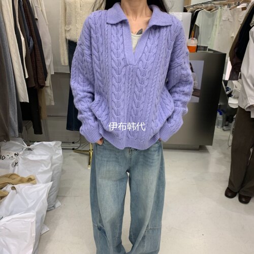 翻领开口复古麻花纹毛衣针织衫