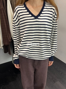 TAFFETA韩国东大门正品代购25秋冬 V领简约休闲条纹薄款针织衫女
