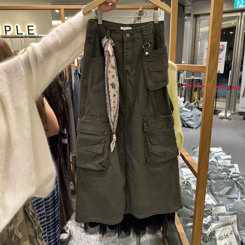 SOF 韩国东大门正品代购25秋款 水洗做旧多口袋工装半身裙长裙女